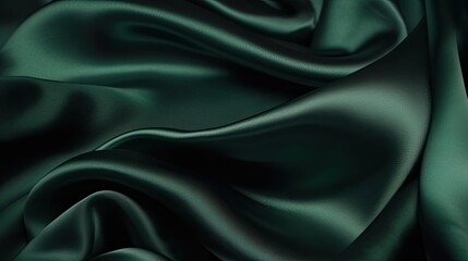 Obraz premium Dark green silk satin background. Beautiful soft folds on the smooth surface of the fabric. Luxury background with copy space for design. Generative AI.