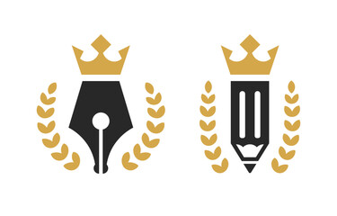 Royal pen and royal pencil. Pen and pencil with crown. Conceptual logo for lawyer, copywriter, writer, stationery, education, school, academy.