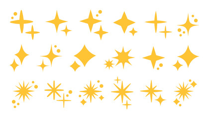 Yellow sparkles set, vector sparkling stars, shiny flashes of fireworks. Set of star elements of various shapes.