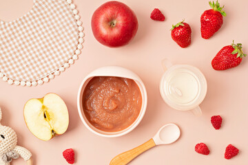 Baby puree recipe made of fresh fruits. First baby solid food recipe idea. Top view,  flat lay