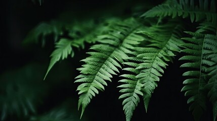 Beautiful dark green nature background. Fern leaves. Black green background for design. Web banner. Website header. Exotic plants. Close-up. Generative AI.
