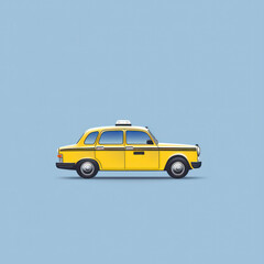 Cartoon illustration of yellow taxi car with shadow on light blue background