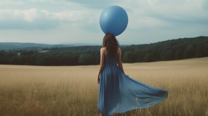 Woman in blue dress holding balloon in sunset
