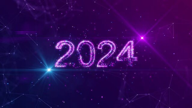 Happy new year 2024. The number 2024 consists of small particles of multicolored in the center. On a pink and blue background, there are polygons scattered around it. New year festival celebration.