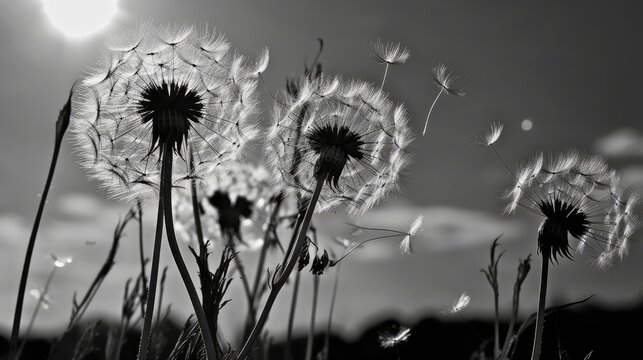 Dry wild plant with seeds in the wind. It looks like a dandelion. Black and white nature background. Silhouette of a wild flower against the sky. Monochrome. Generative AI.