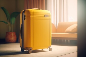 Big yellow suitcase on small wheels standing against sofa in empty hotel room