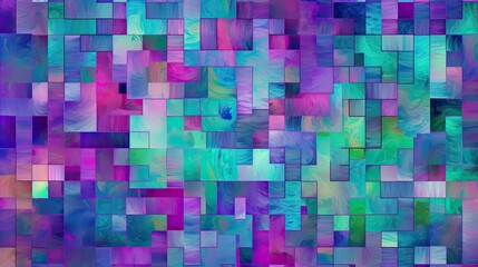 Purple pink blue green pattern. Chaotic. Geometric background. Squares and rectangles. Seamless. Violet teal background for design. Multicolor. Abstract. Mosaic. Generative AI.