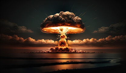 Nuclear explosion. Atomic bomb explosion and mushroom cloud explosion. War. Photorealistic illustration. Generative AI.