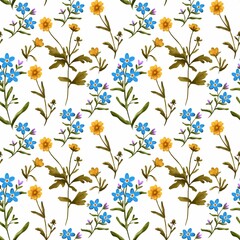 Fototapeta na wymiar Seamless pattern with wildflowers. Watercolor pattern of yellow and blue flowers. Design of packaging paper, textiles, clothing, fabrics, covers.