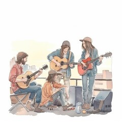 Fototapeta premium watercolor a band playing on a rooftop