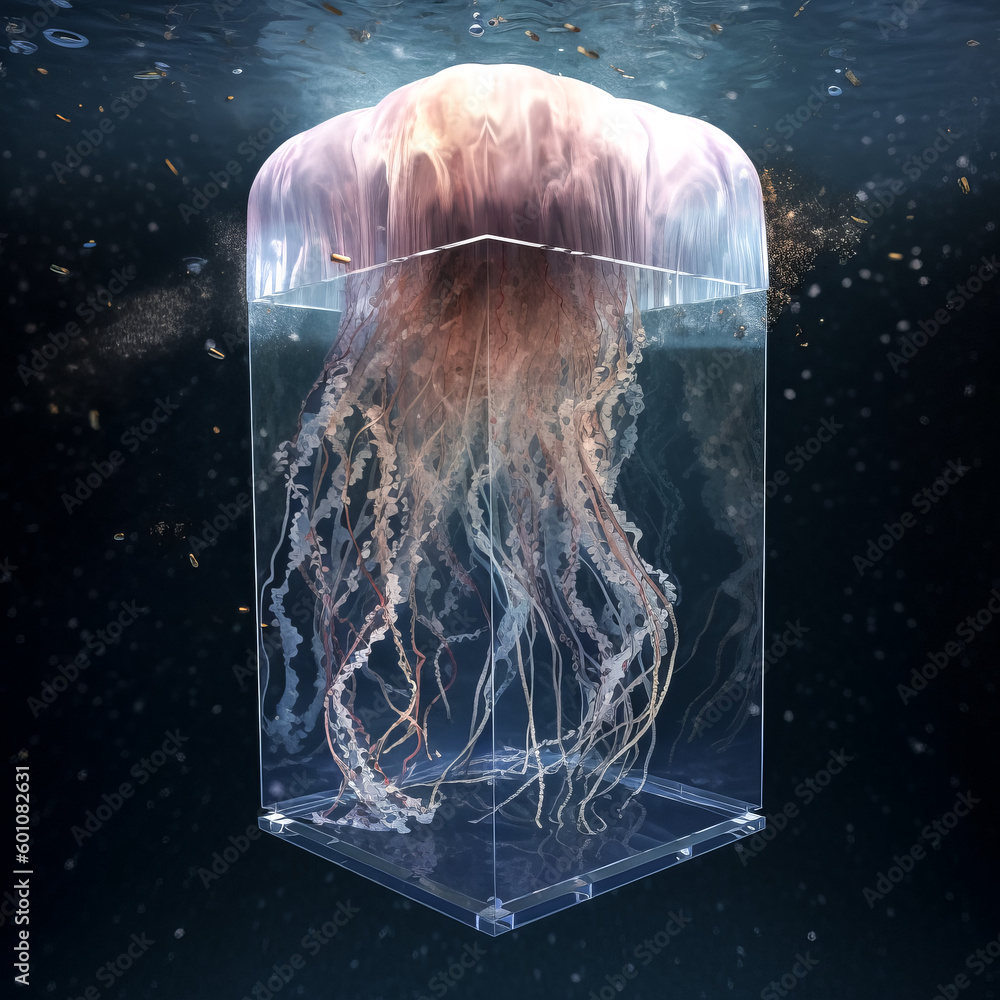Poster a png image featuring a box jellyfish was created - generative ai.