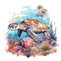 watercolor of a sea turtle swimming through the sea