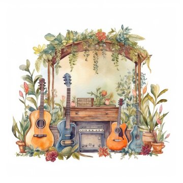 watercolor of a stage with musical instruments