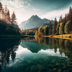 Lake with mountains and trees. AI generative