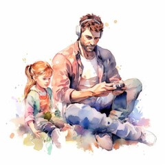watercolor of a father and child playing video games together