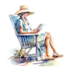 watercolor of A person sitting on a beach chair reading a book