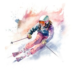watercolor of a person wearing sunglasses skiing down a mountain
