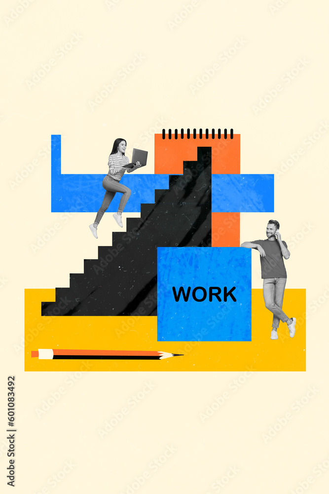 Poster collage picture artwork of two colleagues work remote man call his partner climb stairs project deve
