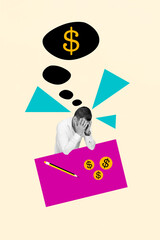 Illustration collage picture of businessman hands head headache migraine overthinking about money...