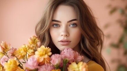 Naklejka premium Portrait of a young woman with flowers
