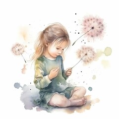 watercolor a child blowing dandelion seeds