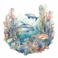 Fototapeta na wymiar watercolor a clean blue ocean with healthy marine life
