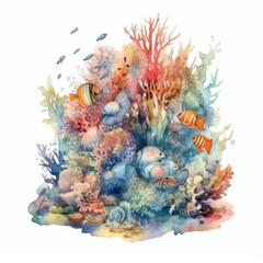 Obraz na płótnie Canvas watercolor of colorful underwater with tropical fish coral reefs