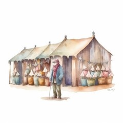watercolor of a farmer with stalls