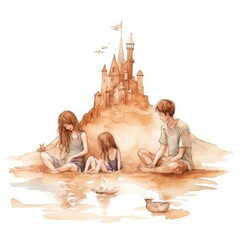 watercolor of a family building sandcastles on the beach
