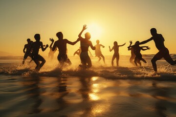 Large group of young friends having fun and running on the sunset beach, summer vacation concept. Generative AI