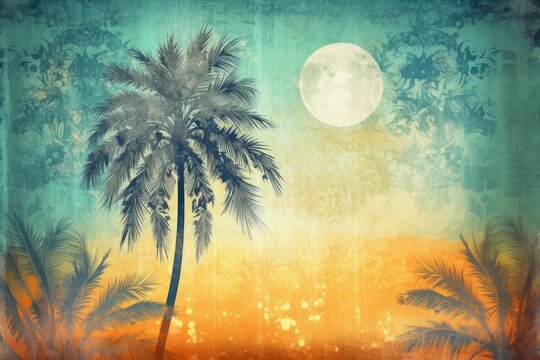 Summer illustration with palm tree, beach on sunset background. Generative AI