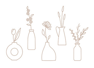Set of outline flowers, twigs in ceramic vases. Bouquet vector illustration for card, story, web, banner