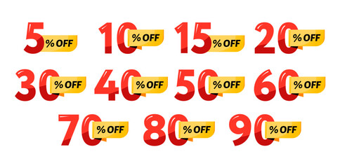 Discount label with different discount percentages. Sale label set. Discount coupon.