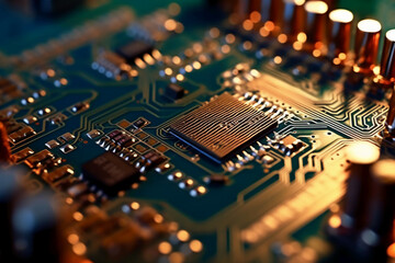 Macro photography of Electronic Circuit Board top view. AI generative