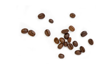 Roasted coffee beans pile from top on white background, Coffee beans. Isolated on a white background.