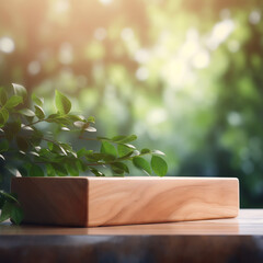 Wooden product display podium with blurred nature leaves