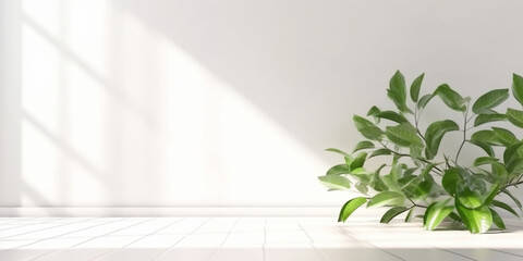 Minimal empty white marble stone counter table top, green house plants in sunlight, plant leaf shadow on beige wall, luxury organic cosmetic, skincare, beauty treatment product mock up background. AI