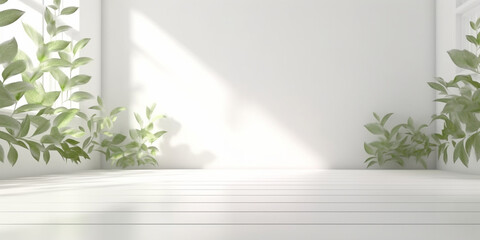 Minimal empty white marble stone counter table top, green house plants in sunlight, plant leaf shadow on beige wall, luxury organic cosmetic, skincare, beauty treatment product mock up background. AI
