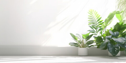 Obraz na płótnie Canvas Minimal empty white marble stone counter table top, green house plants in sunlight, plant leaf shadow on beige wall, luxury organic cosmetic, skincare, beauty treatment product mock up background. AI