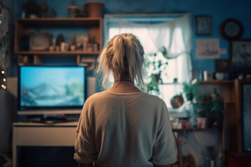 sad blonde woman back view in her room standing and wat. AI generative