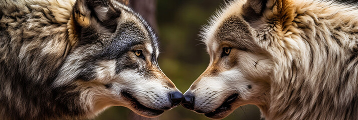 closeup of two wolves aggressive look into each other's eyes, wolf versus wolf, wolf vs wolf, opposite, generative ai
 - obrazy, fototapety, plakaty