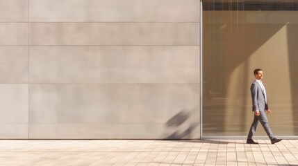 Man walking by sunlit wall background with copyspace