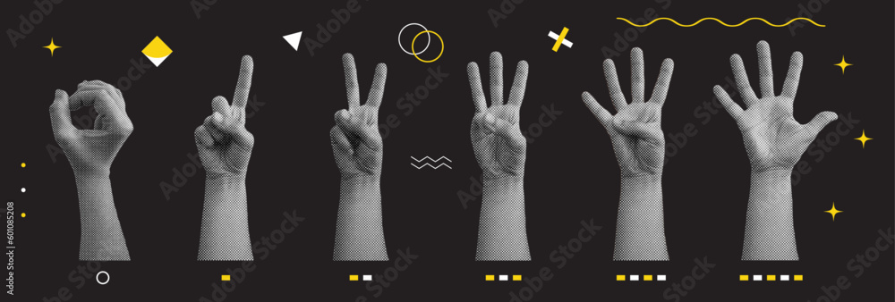 Poster set of hands. isolated dark background. collage elements for a message using the hands. vintage illu