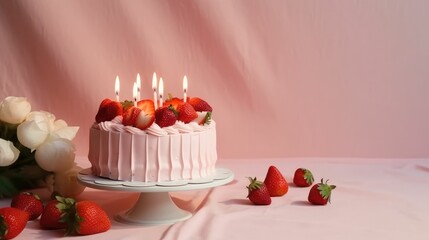 Birthday cake with strawberries and candles