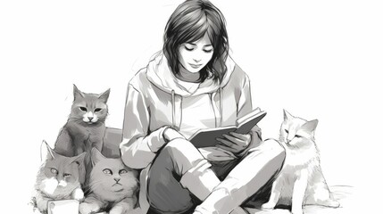 Sketch of a girl with a phone and pets