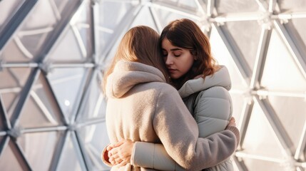 Fototapeta na wymiar Mother comforting daughter inside protective dome