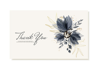 Thank you card with watercolor elegant blue flowers. Vector template