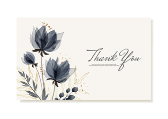 Thank you card with watercolor elegant blue flowers and golden branches. Vector template