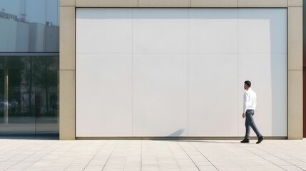 Fototapeta premium Man walking by sunlit wall background with place for you