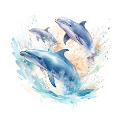 watercolor of a pod of dolphins swimming and jumping out of the water